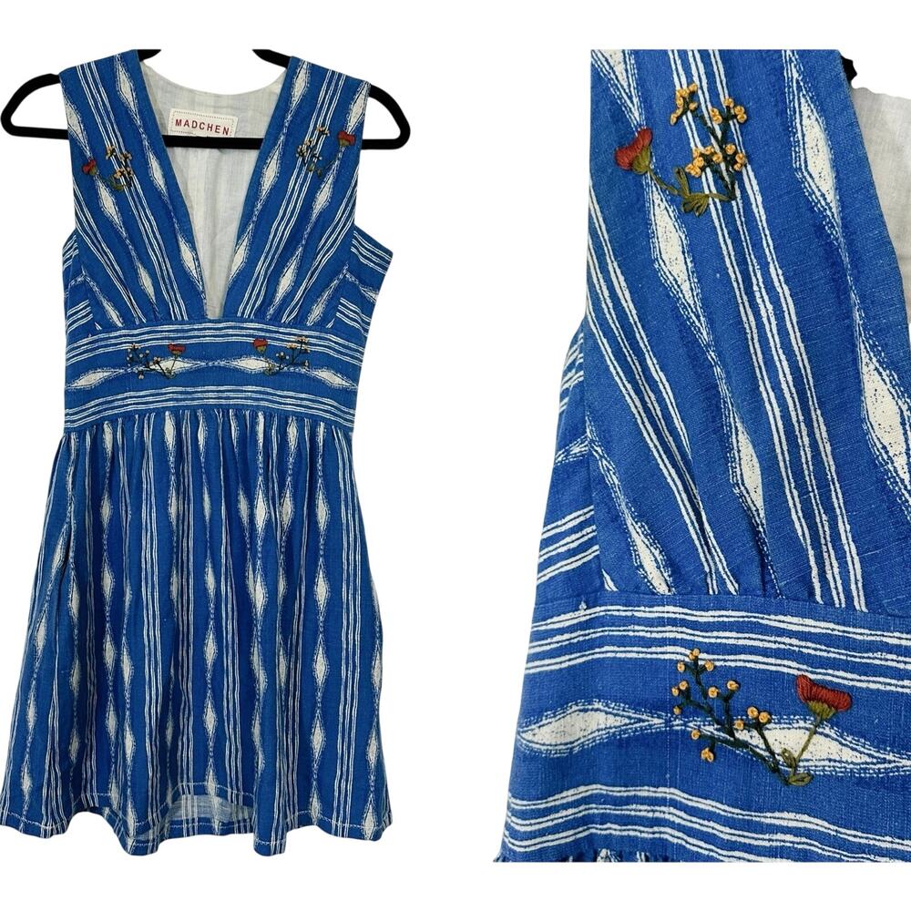 MADCHEN Anthropologie Embroidered Blue Floral Cotton Ikat V-Neck Boho Folk Sz 0